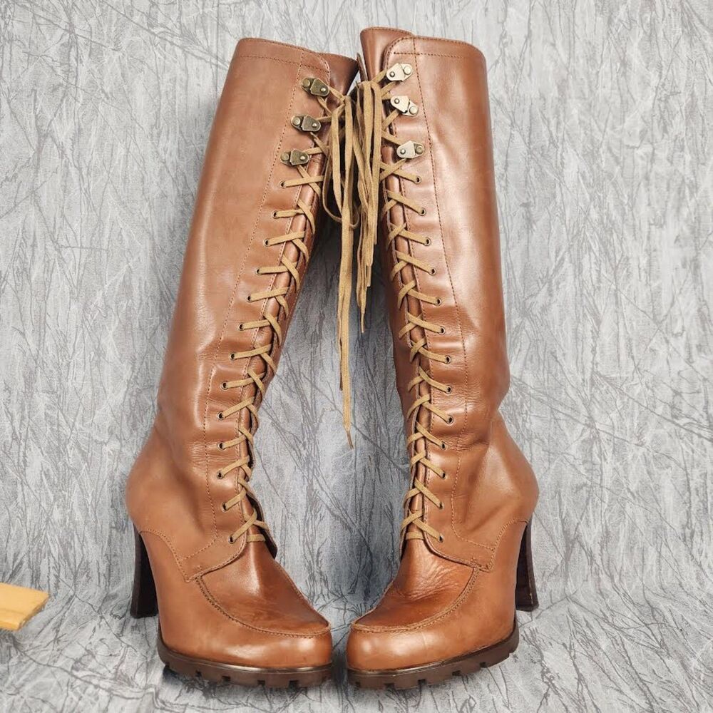 Vintage Lauren Ralph Lauren Floraine Lace Up Tall Leather Boots Brown Size 7.5